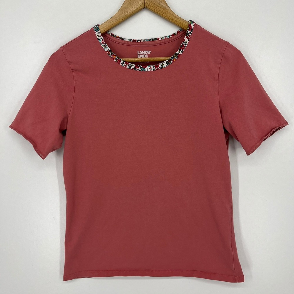 Lands End Womens Pink Short Sleeve T-Shirt Floral Neck Trim Size S 6-8